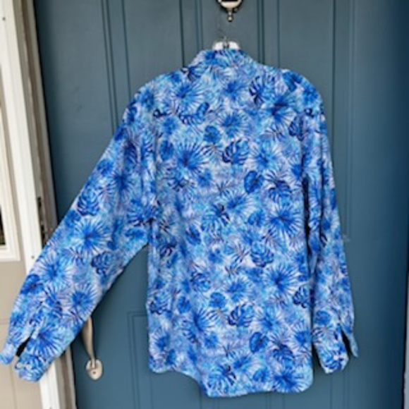 BUGATCHI CLASSIC FIT BUTTON FLIP CUFF BLUE PALM LEAVES SHIRT LARGE - Picture 13 of 16